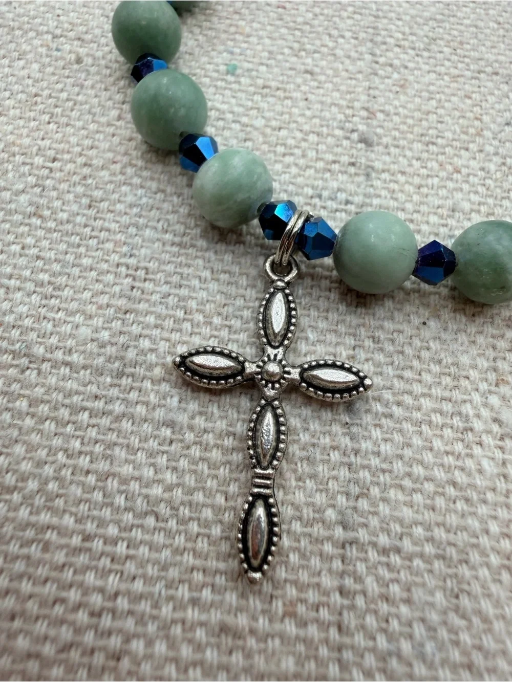 Green Beaded Bracelet with Silver Cross Charm
